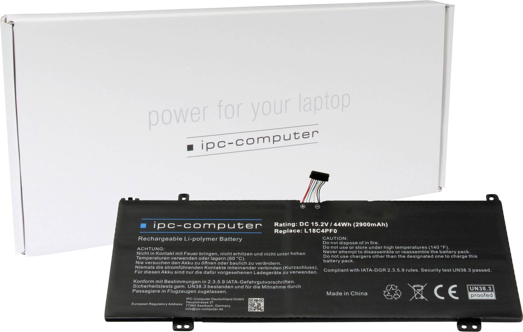 Laptop-Akku und Verpackung der Marke 'ipc-computer'. Akku-Spezifikationen: 15,2V, 49Wh, 2980mAh. Ersatz für L16C4P70. Hergestellt in China.
