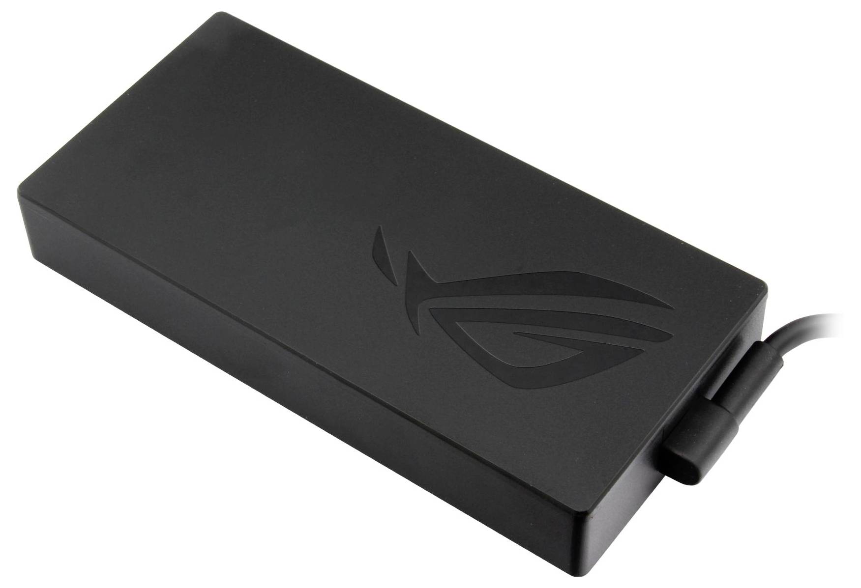 Schwarzer Laptop-Netzadapter mit ROG-Logo, rechteckige Form, Kabel an einer Seite angeschlossen. Hauptsächlich für ASUS Geräte genutzt.