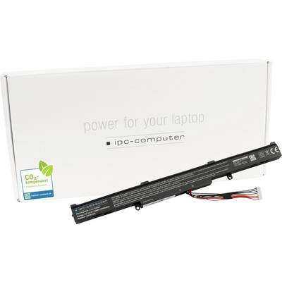Laptop-Akku vor Verpackung mit dem Text 'power for your laptop'. Verpackung trägt ein Siegel 'CO₂ kompensiert', Hinweis auf Umweltfreundlichkeit.