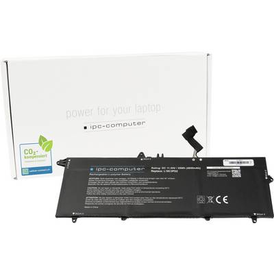 Ein Laptop-Akku (15,9V, 55Wh) von ipc-computer ist vor einer Verpackung, die 'power for your laptop' zeigt, abgebildet.
