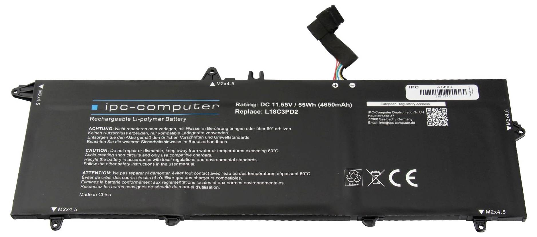 Ein rechteckiger, wiederaufladbarer Lithium-Polymer-Akku mit der Aufschrift 'ipc-computer', ausgelegt für 11,55V/55Wh (4650mAh).