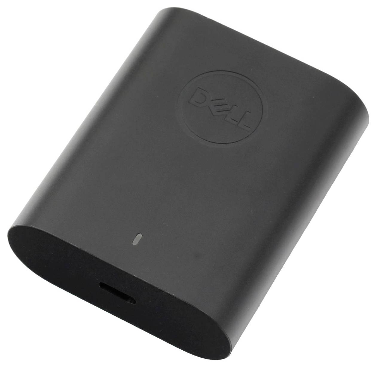 Schwarzer, kompakter Laptop-Akku mit abgerundeten Kanten und einem Logo auf der Oberseite. Eine kleine LED-Anzeige ist sichtbar.
