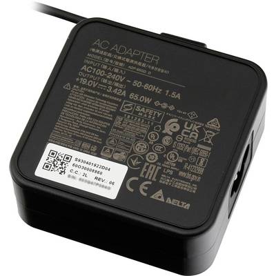 Schwarzes Netzteil mit Spezifikationen: Eingang 100-240V, Ausgang 19V 3.42A, 65W. Enthält QR-Code und Sicherheitszertifizierungen.