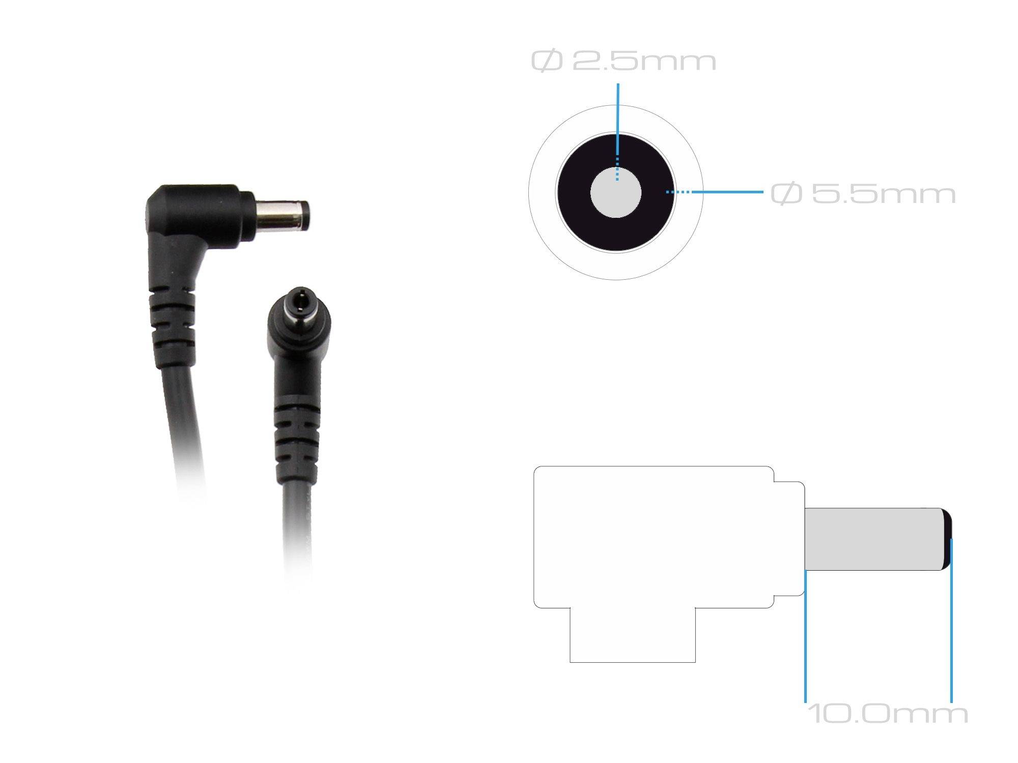 Abgewinkelter Stecker und Anschlussdiagramm eines Kabels. Durchmesser: Außen 5,5mm, Innen 2,5mm. Seitenansicht zeigt Länge 10,0mm.