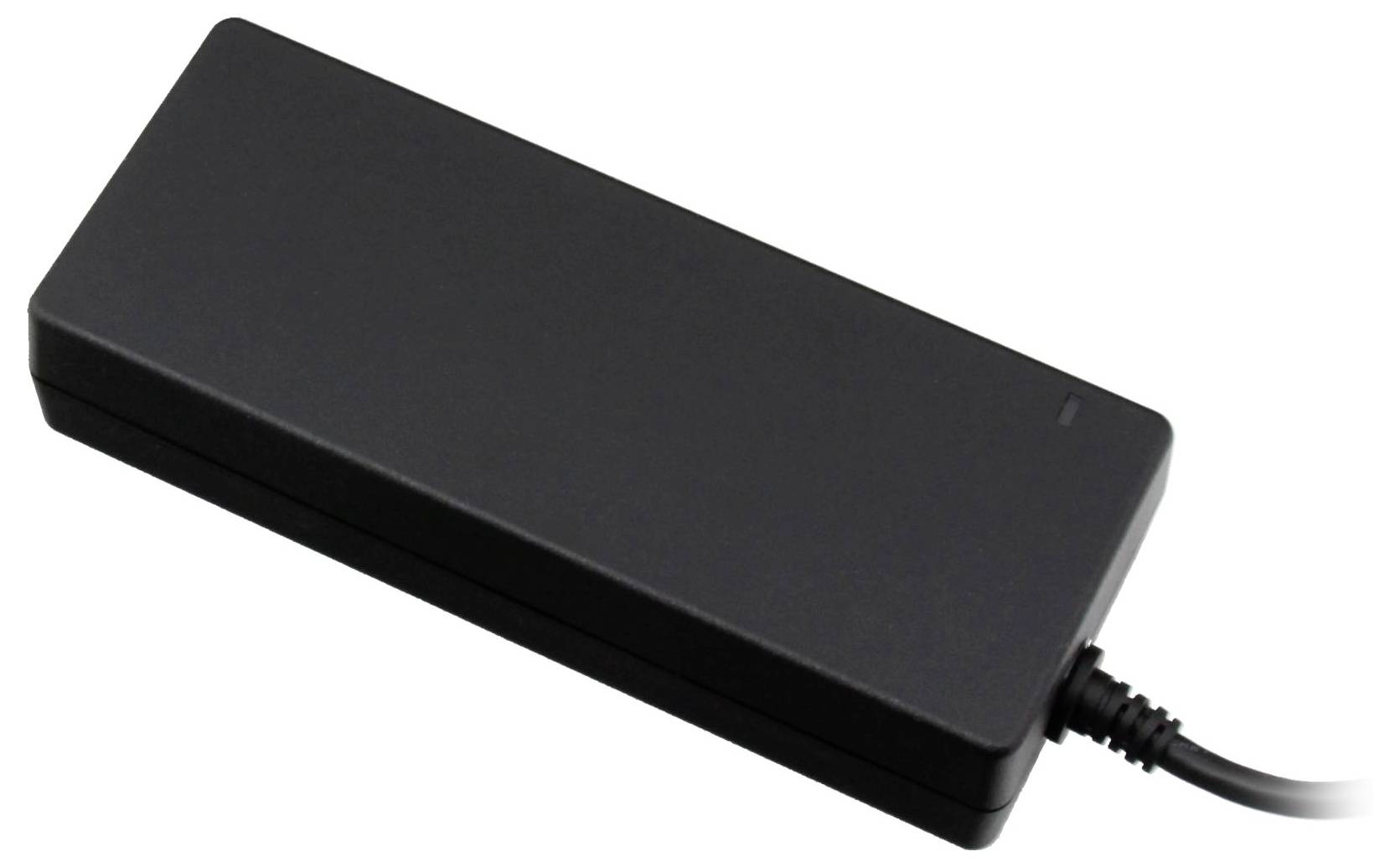 Schwarzes Netzteil mit angeschlossenem Kabel, rechteckige Form, typischerweise verwendet zum Aufladen elektronischer Geräte.