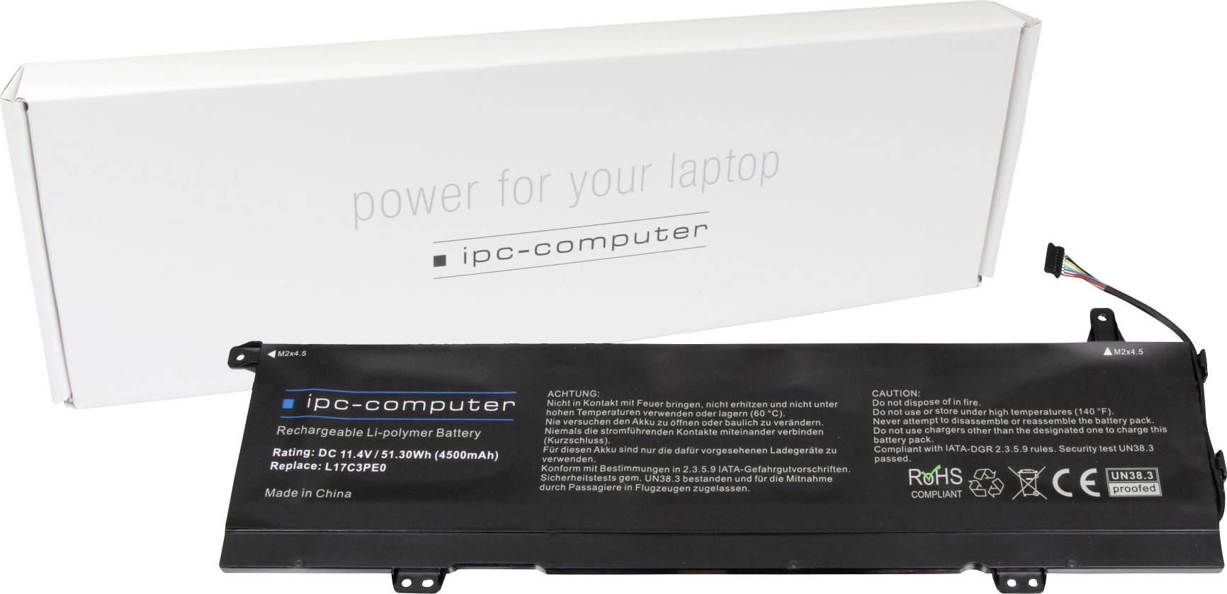 'Lithium-Polymer Akku mit 4000mAh Kapazität für Laptops, mit Sicherheits- und Recyclinghinweisen, vor weißer Verpackung.'