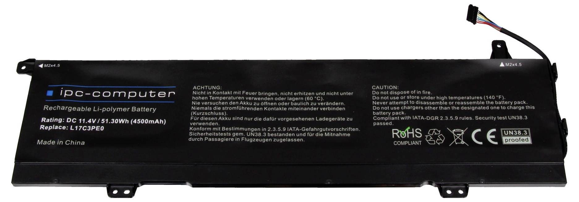 Schwarze Lithium-Polymer-Batterie mit Warnhinweisen auf Deutsch und Englisch. Aufschrift: 'ipc-computer'. Made in China.