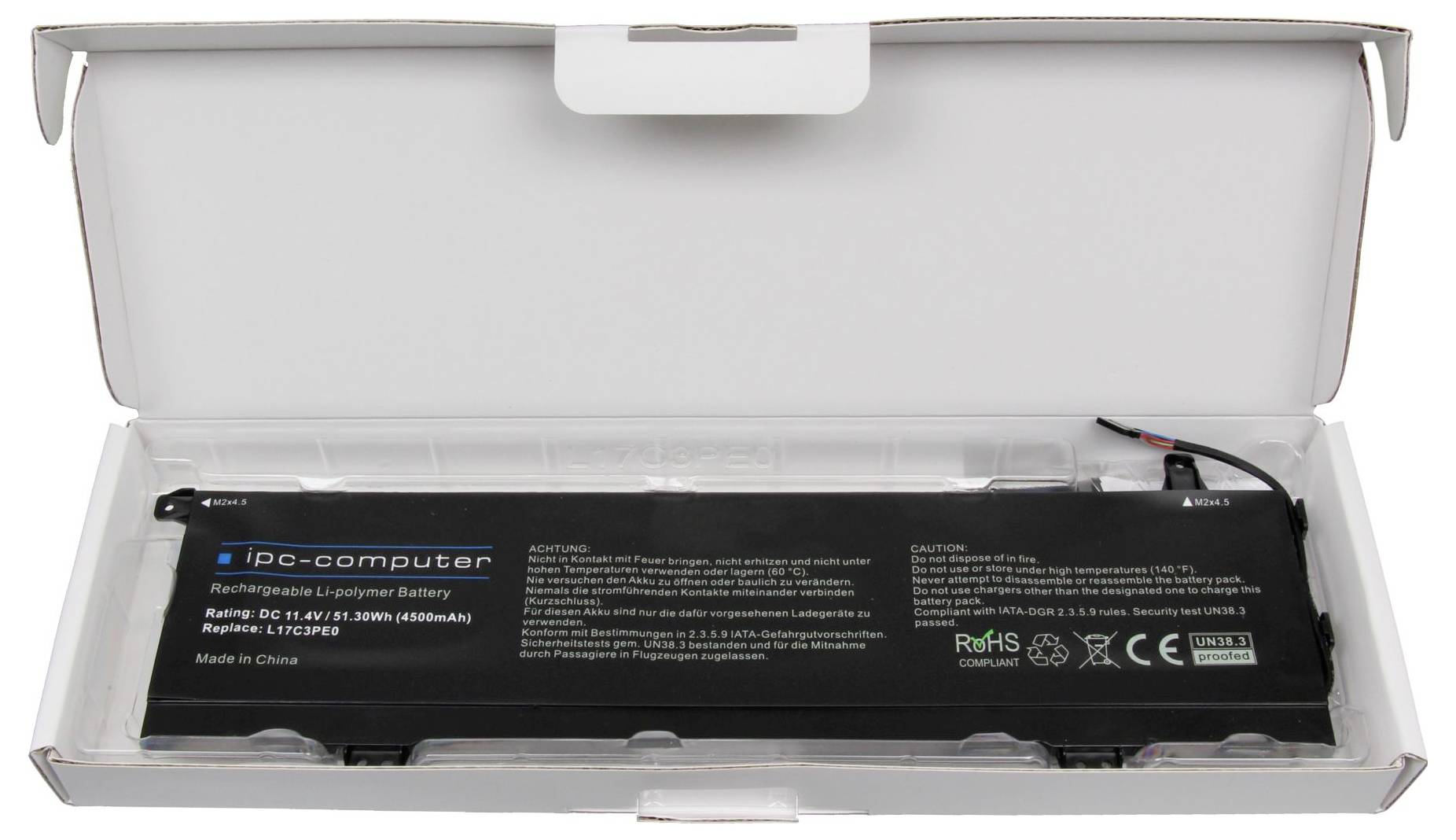 Ein geöffneter Laptop-Akku im Karton. Der Akku ist ein Li-Polymer-Modell mit 7,6 V und 38 Wh, hergestellt von IPC-Computer in China.