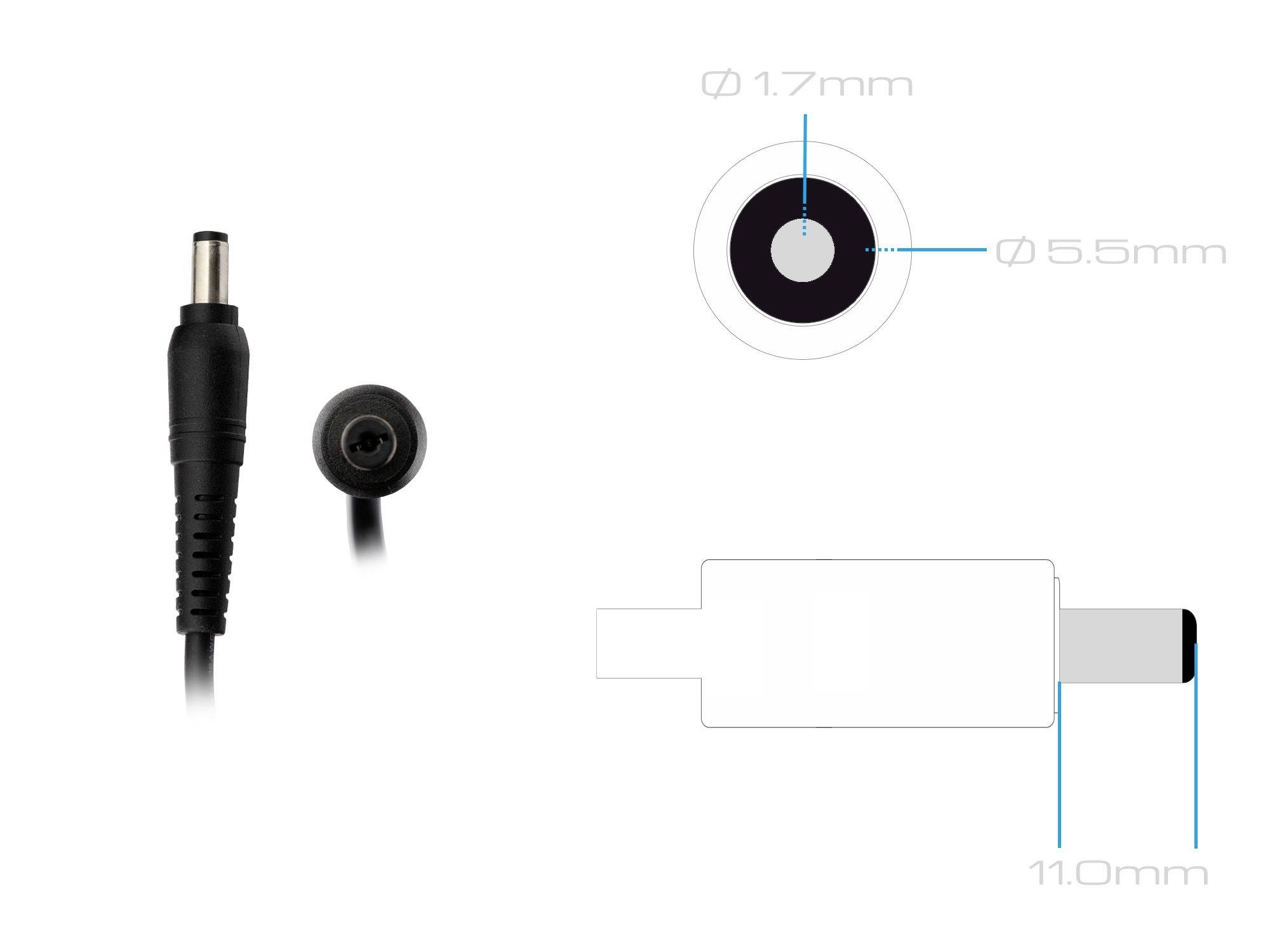 'Stromkabel mit Steckern: 1,7 mm Innen-, 5,5 mm Außendurchmesser. Länge 11,0 mm. Seitenansicht und Querschnitt dargestellt.'