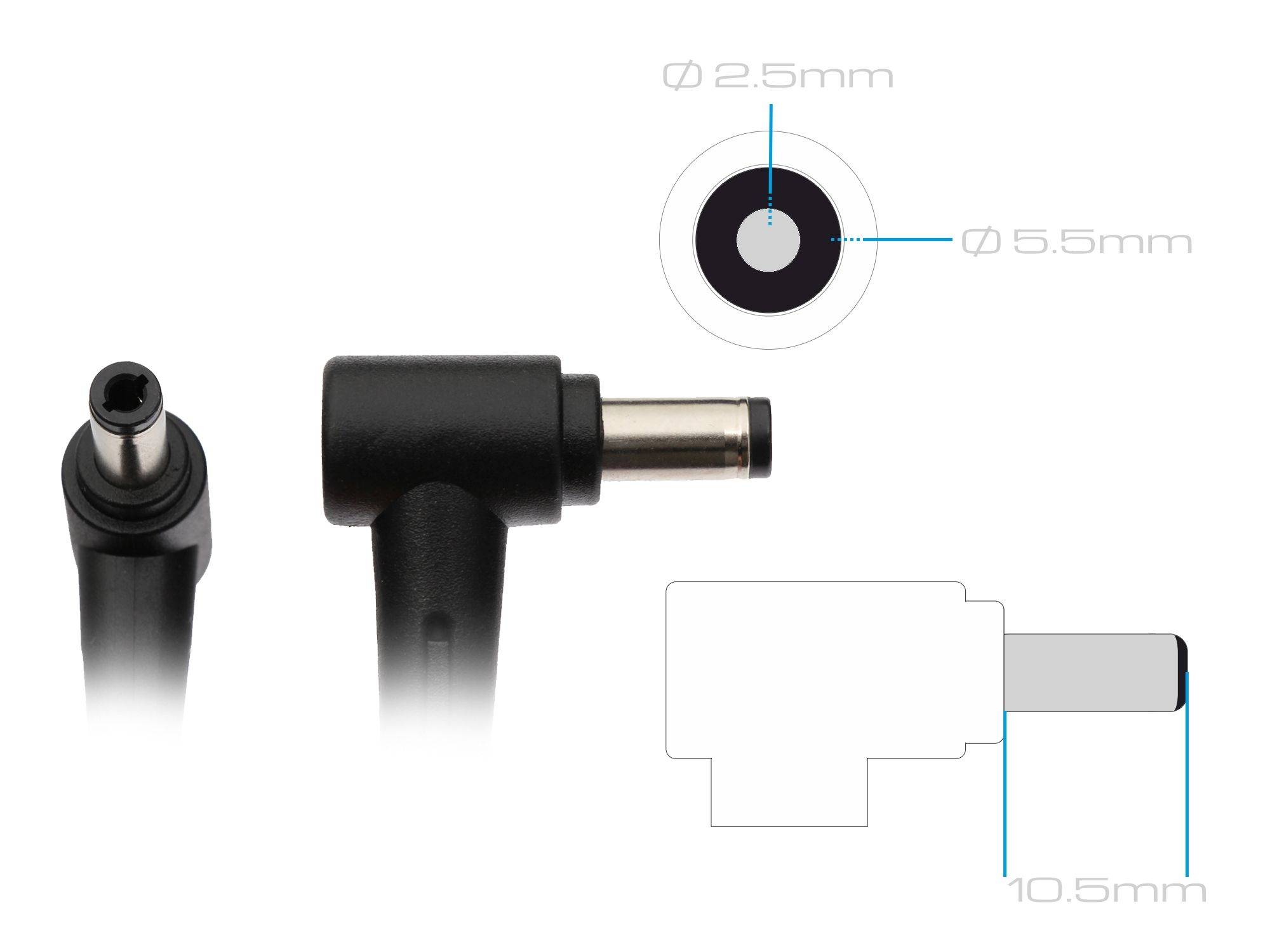 'Abgewinkelter Gleichstromstecker mit 2,5 mm Innen- und 5,5 mm Außendurchmesser, 10,5 mm Länge. Geeignet für diverse Geräte.'