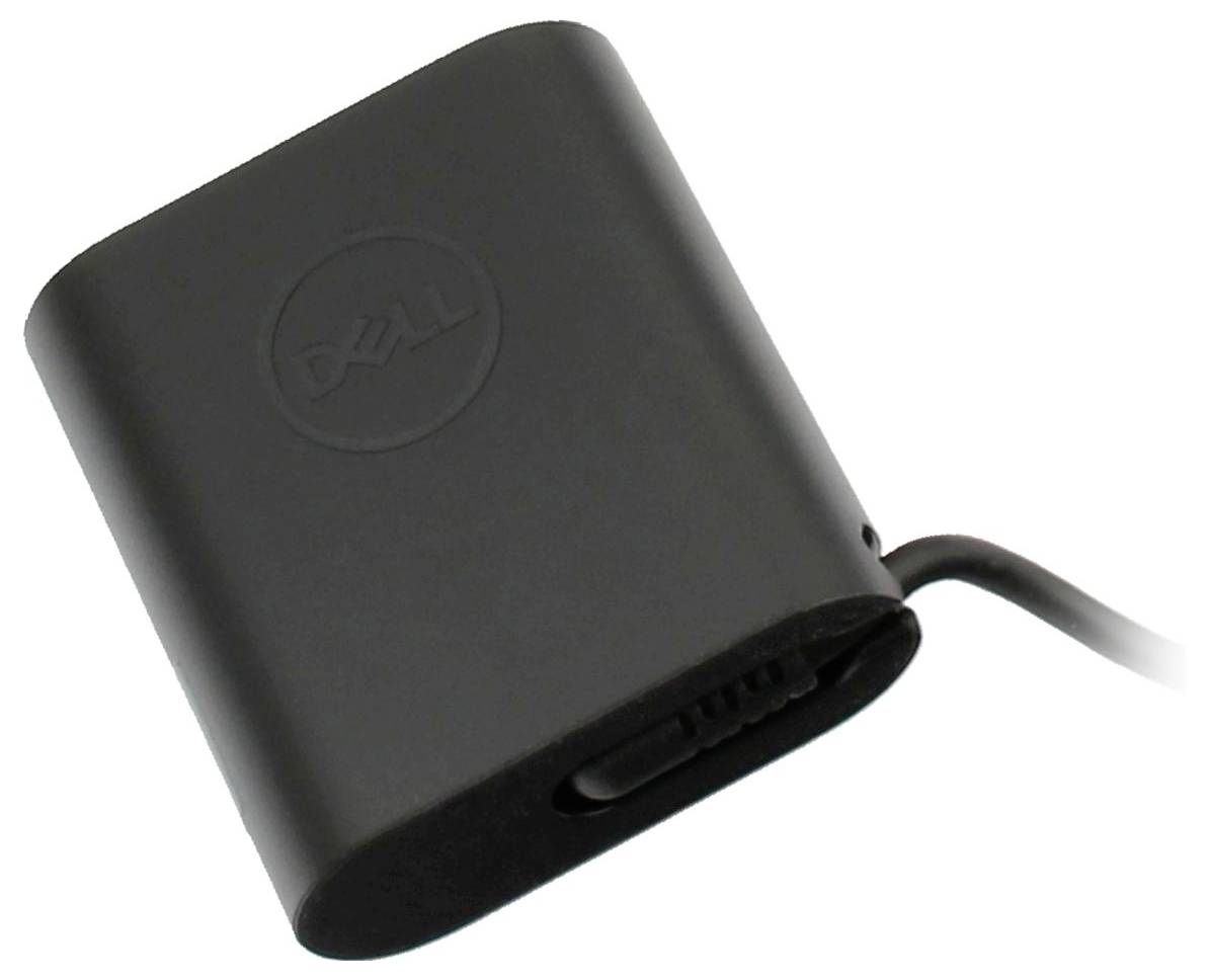 Ein schwarzes Dell-Laptop-Ladegerät mit einem angeschlossenen Kabel, auf der Oberseite ist das Dell-Logo zu sehen.