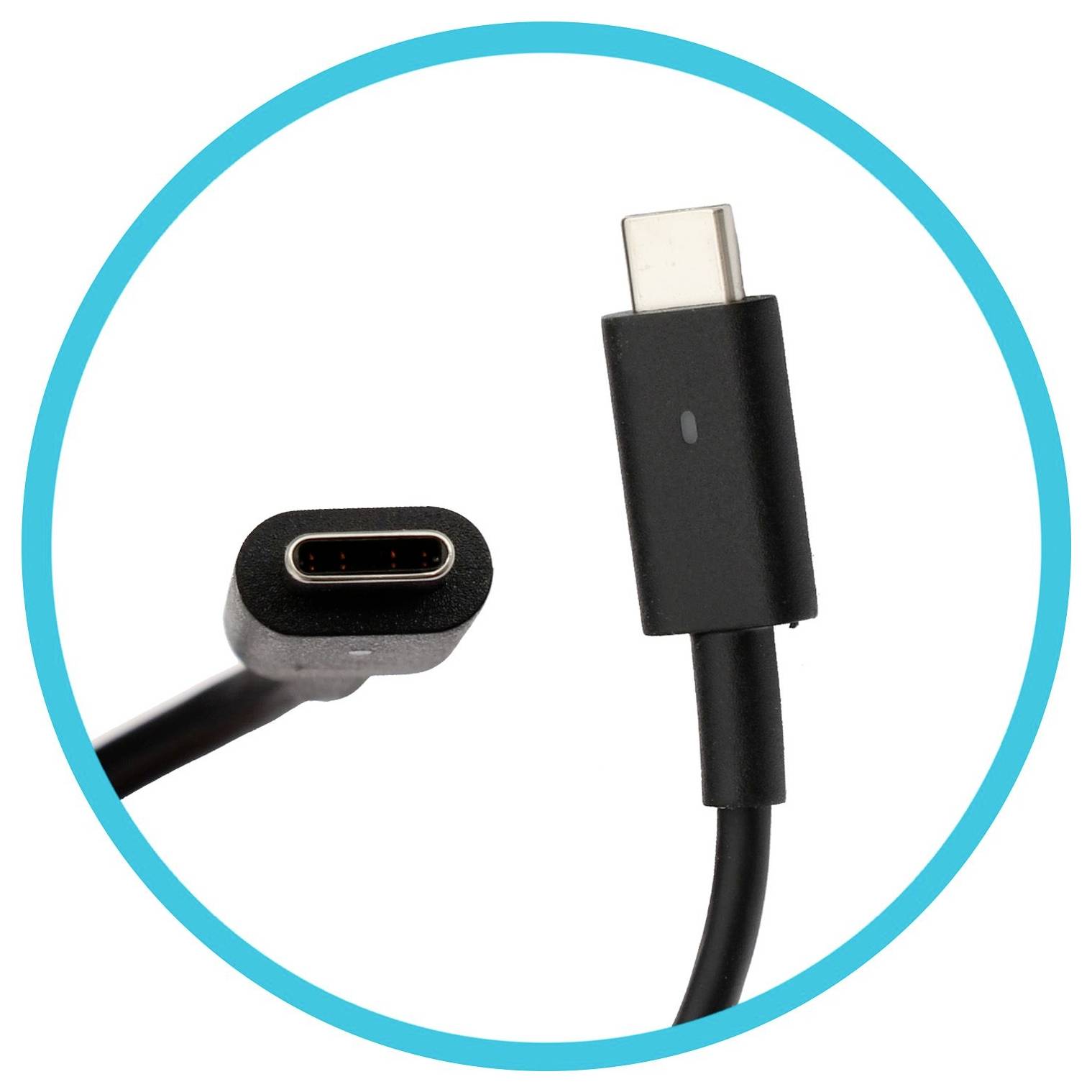 USB-C-Stecker: Kabel und Buchse im blauen Kreis, zeigt modernes elektronisches Zubehör für schnelle Daten- und Energieübertragung.