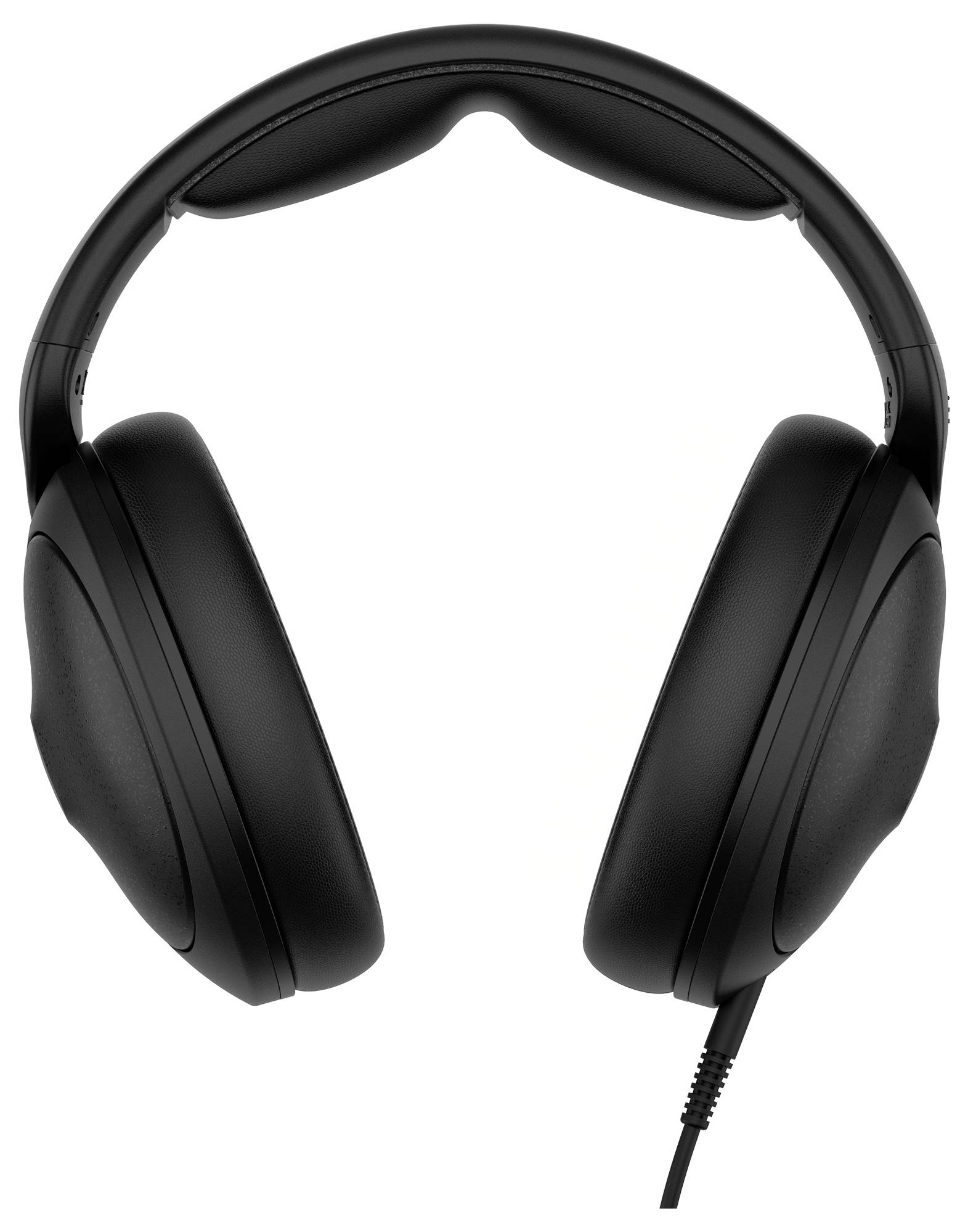 Ein schwarzer Over-Ear-Kopfhörer mit Kabel, frontalansicht. Geeignet für Audioanwendungen oder Musikgenuss.