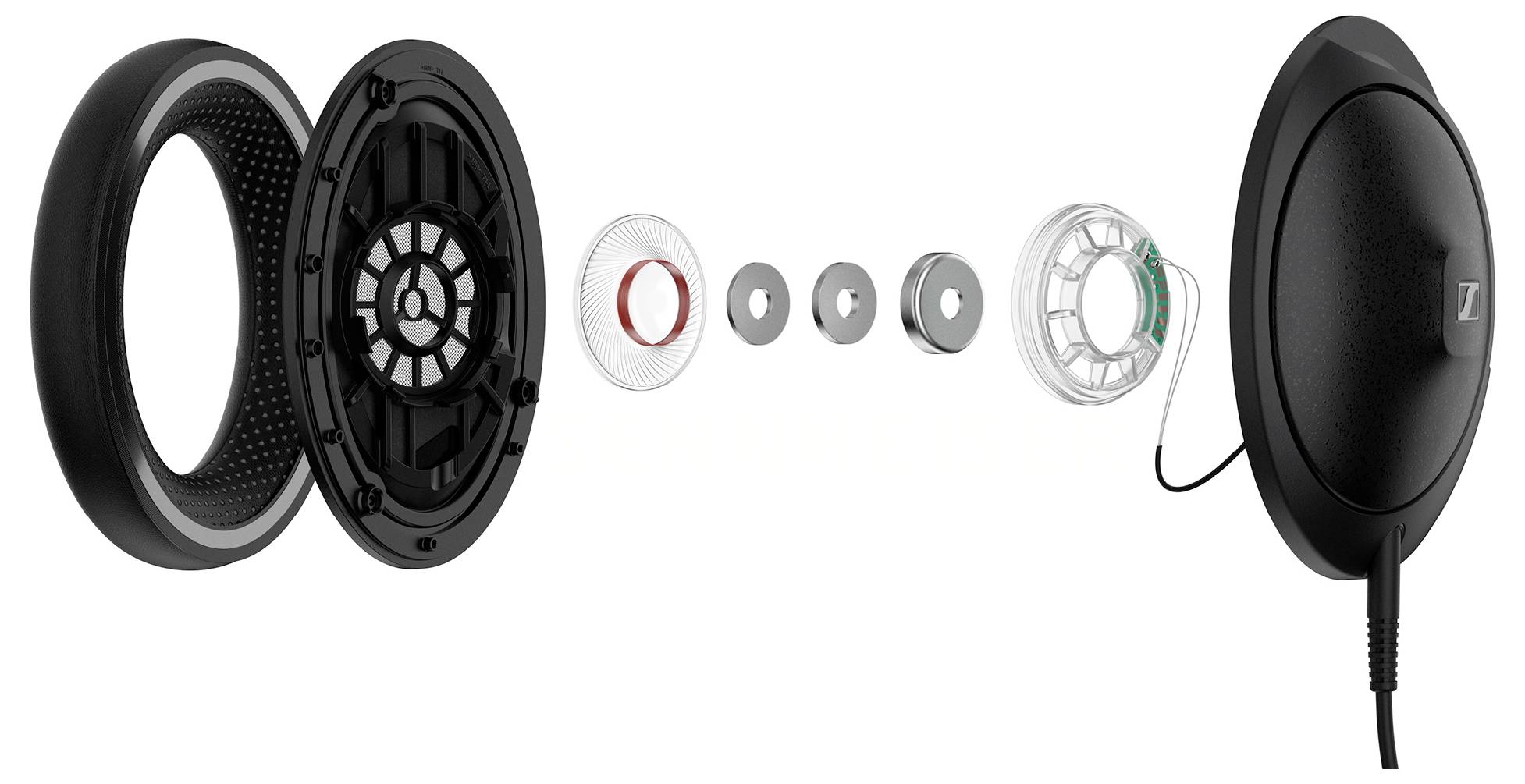 Explosionsansicht eines Kopfhörer-Ohrmuschelgehäuses mit Komponenten wie Polster, Treiber und Membran, die den Aufbau zeigen.