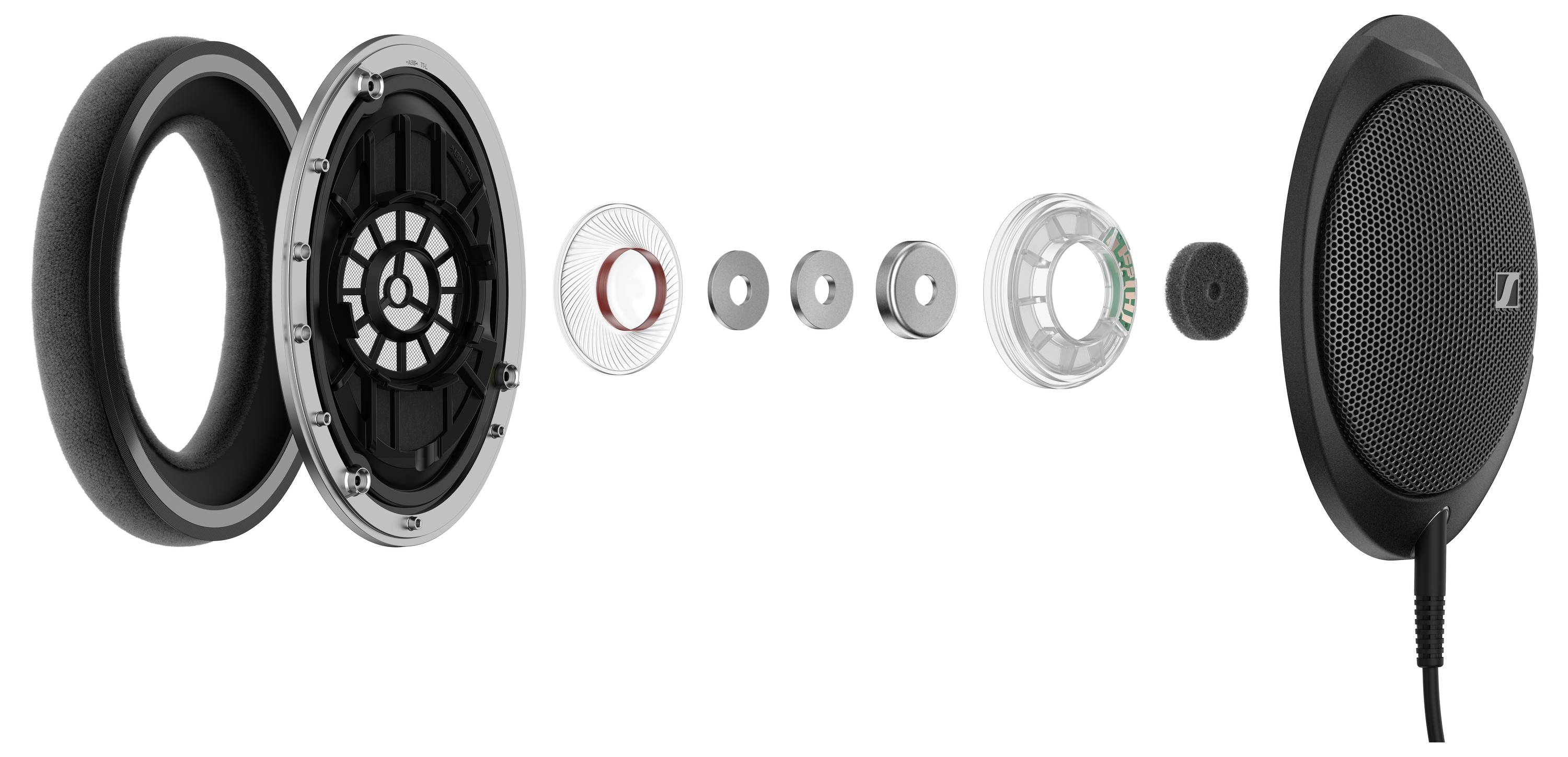Ausgeklappte Ansicht eines Kopfhörers mit einzelnen Komponenten: Ohrpolster, Treiber, Gehäuse und Kabelanschluss sichtbar.