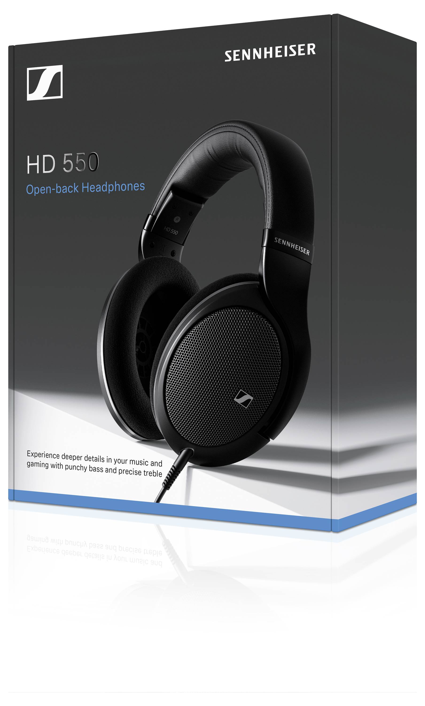 Eine Verpackung mit Sennheiser HD 550 offenen Kopfhörern, beworben mit detailreichem Klang und präzisen Höhen für Musik und Gaming.