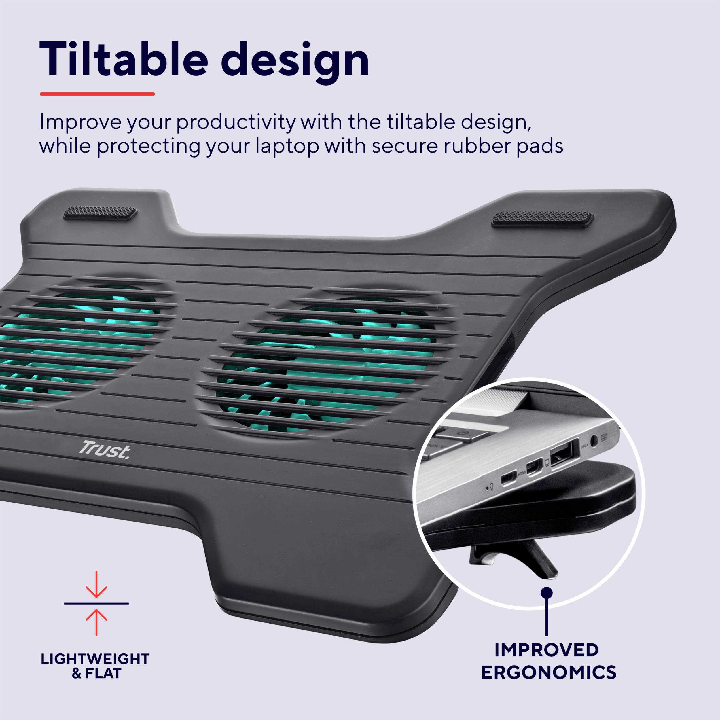 Laptopständer mit belüftetem Design zur Produktivitätssteigerung; zeigt leichte Bauweise und verbesserte Ergonomie mit Gummipolstern.