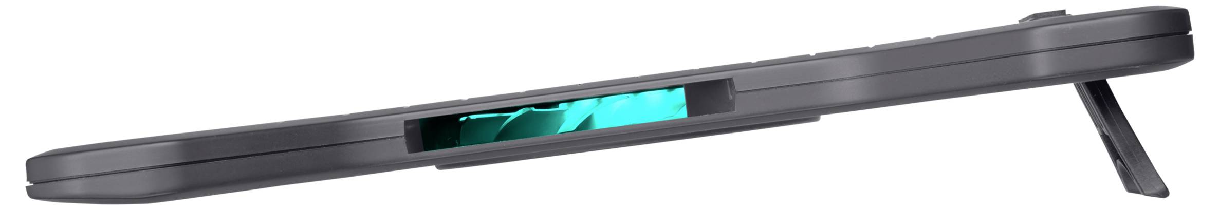 Seitliche Ansicht eines schwarzen elektronischen Geräts mit einem kleinen blauen Bildschirm und einem ausklappbaren Standfuß.