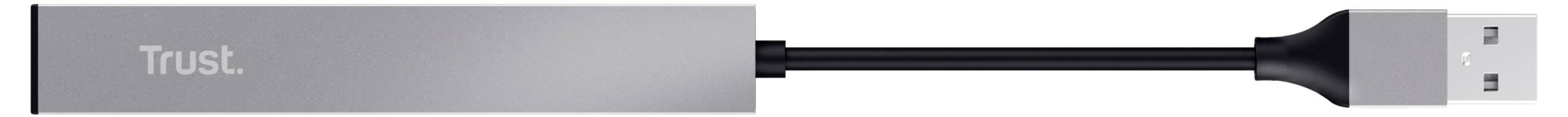 USB-C-Adapter 'Trust' mit Aluminiumgehäuse, USB-Kabelanschluss auf der rechten Seite.