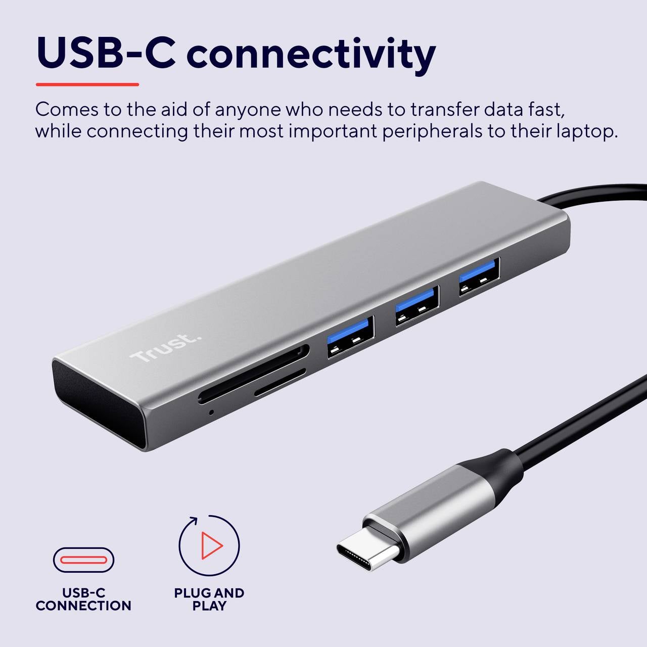 Ein USB-C-Hub mit mehreren Anschlüssen für USB und andere Verbindungen, begleitet von Text über schnelle Datenübertragung.