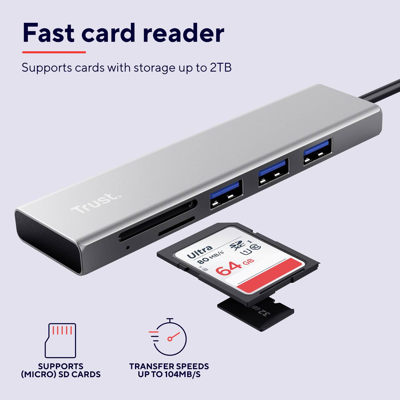 Schneller Kartenleser unterstützt Karten bis zu 2 TB. Zeigt einen USB-C-Hub mit SD-Kartenslot, zwei USB-Anschlüssen und einer 64GB SD-Karte.