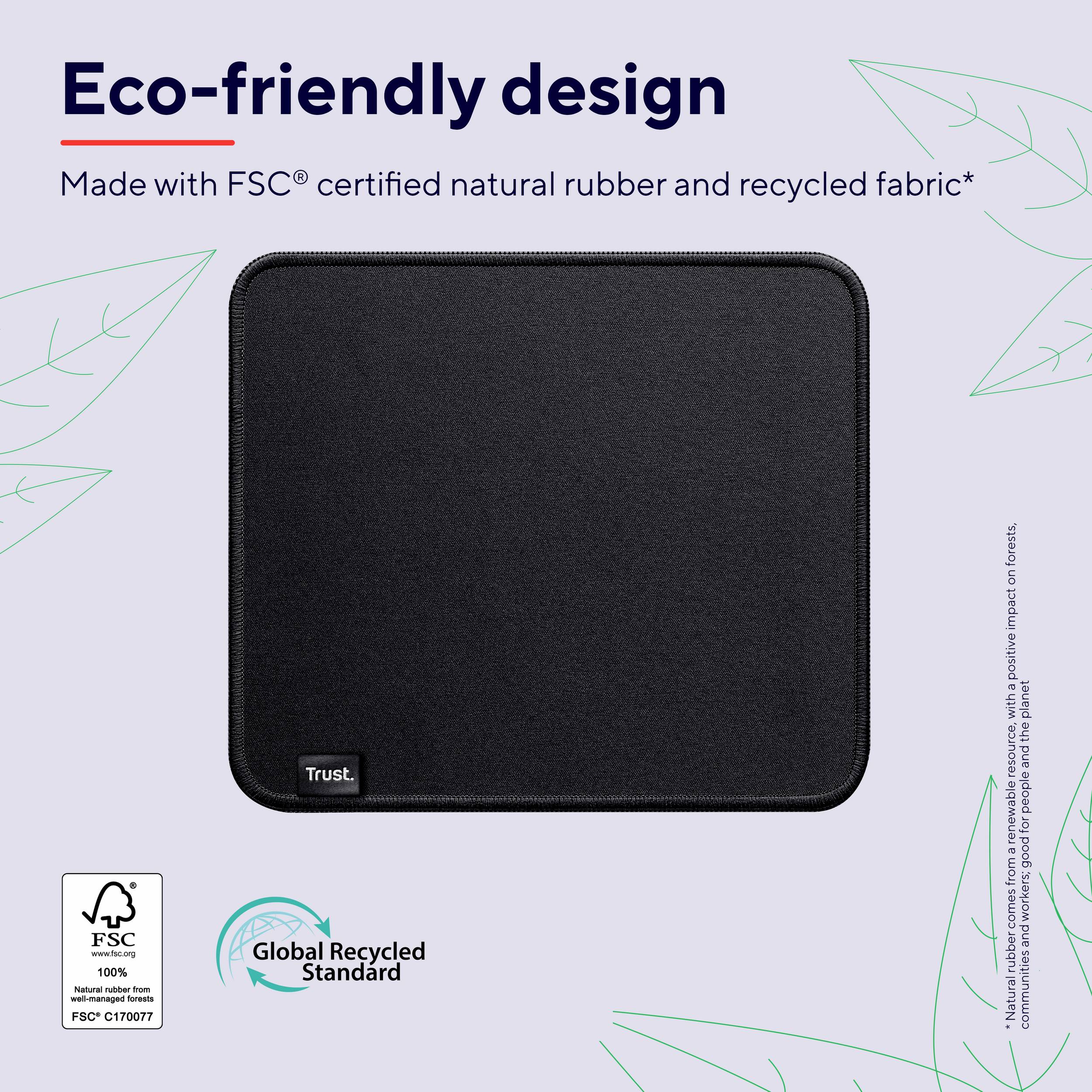 Ein schwarzes Mauspad aus FSC-zertifiziertem Naturkautschuk und recyceltem Stoff, mit 'Trust'-Schriftzug; umweltfreundliches Design.