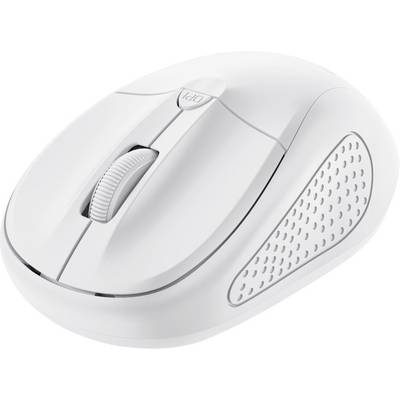 Weiße Computermaus mit ergonomischem Design und gerippter Seitenfläche für besseren Halt. Enthält Scrollrad und DPI-Schalter.