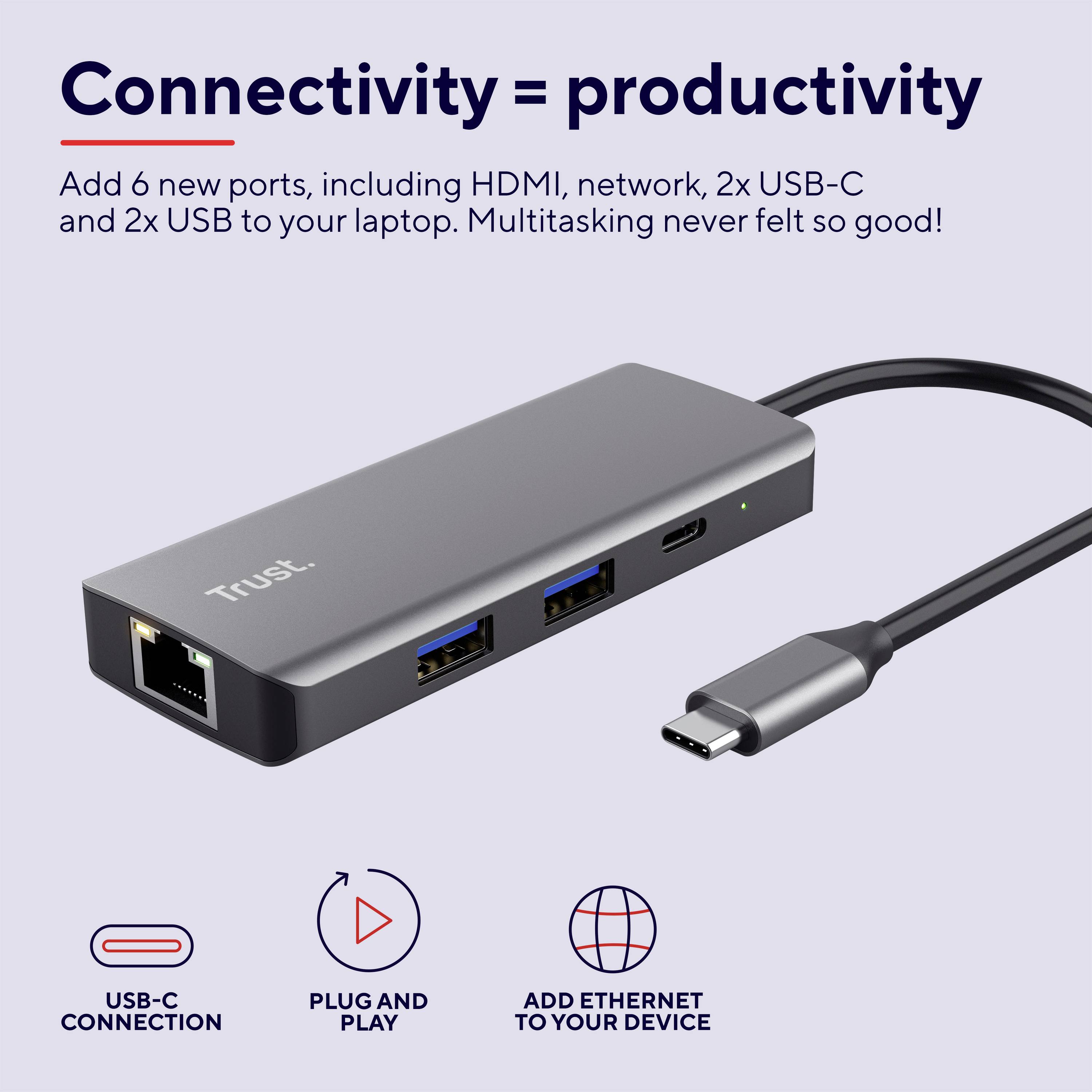 USB-C-Hub mit 6 neuen Anschlüssen: HDMI, Netzwerk, 2x USB-C, 2x USB für Laptops. Text: 'Connectivity = productivity'.