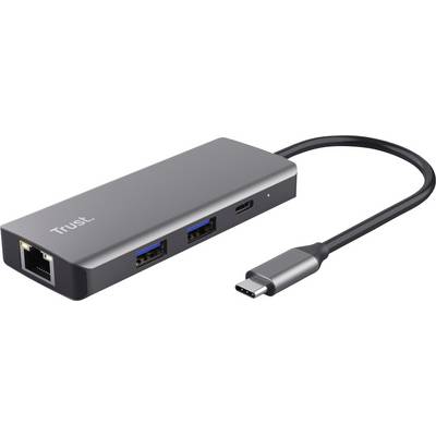 Externer Adapter mit Ethernet-Anschluss, zwei USB-3.0-Ports und einem USB-C-Anschluss.