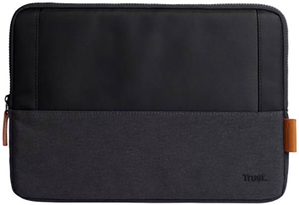 Eine schwarze Laptoptasche mit Reißverschluss, unten dunkelgrau. Auf der rechten unteren Ecke ist ein kleines Logo zu sehen.