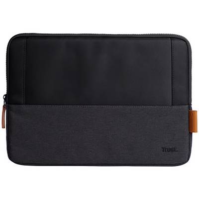 Eine schwarze Laptoptasche mit Reißverschluss, unten dunkelgrau. Auf der rechten unteren Ecke ist ein kleines Logo zu sehen.