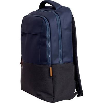 Dunkelblauer Rucksack mit zwei Reißverschlüssen und schwarzem Boden. Geeignet für den täglichen Gebrauch oder Reisen.