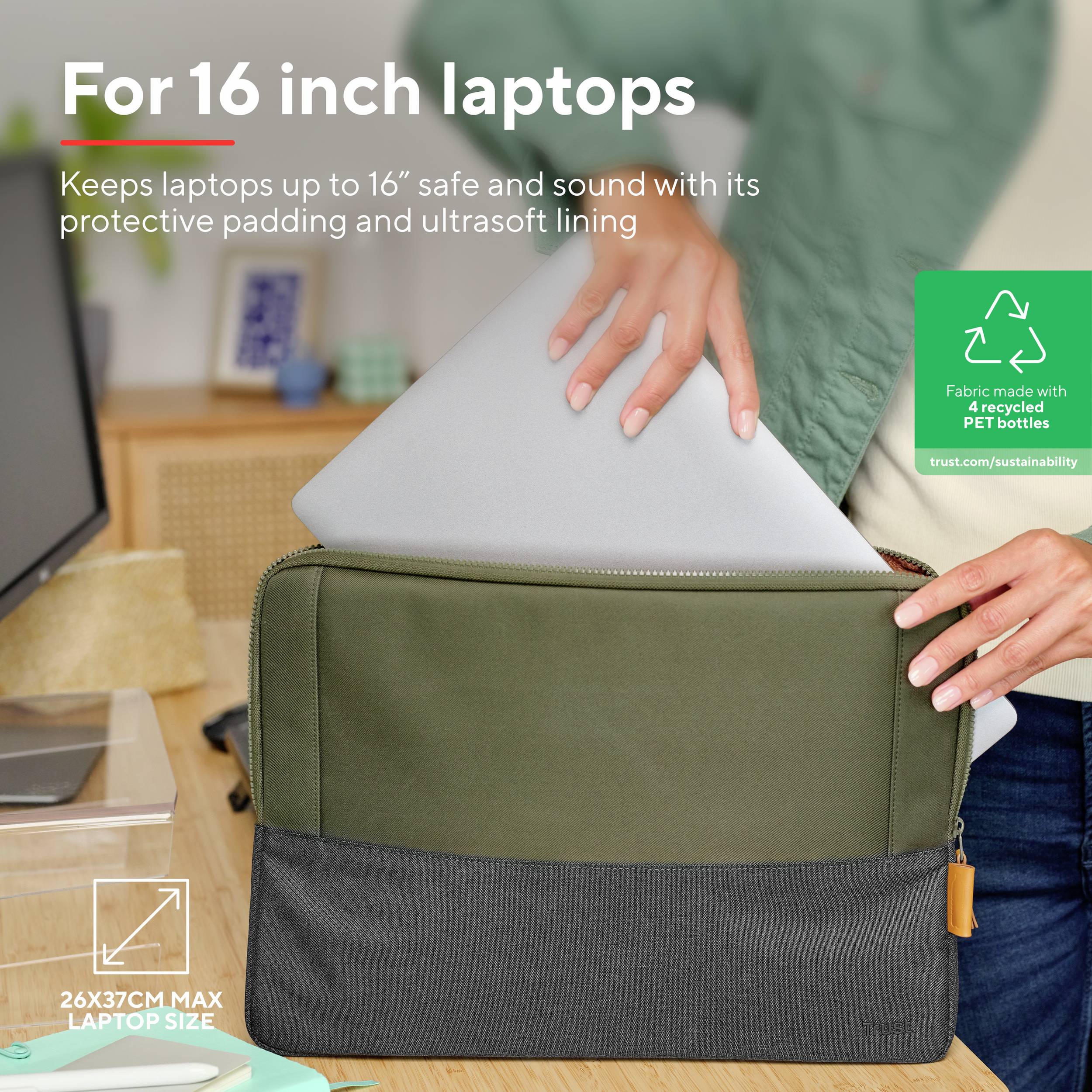 Eine Hand legt einen Laptop in eine gepolsterte, zweifarbige Tasche. Text: 'Für 16-Zoll Laptops'. Tasche hat Fächer für Zubehör.