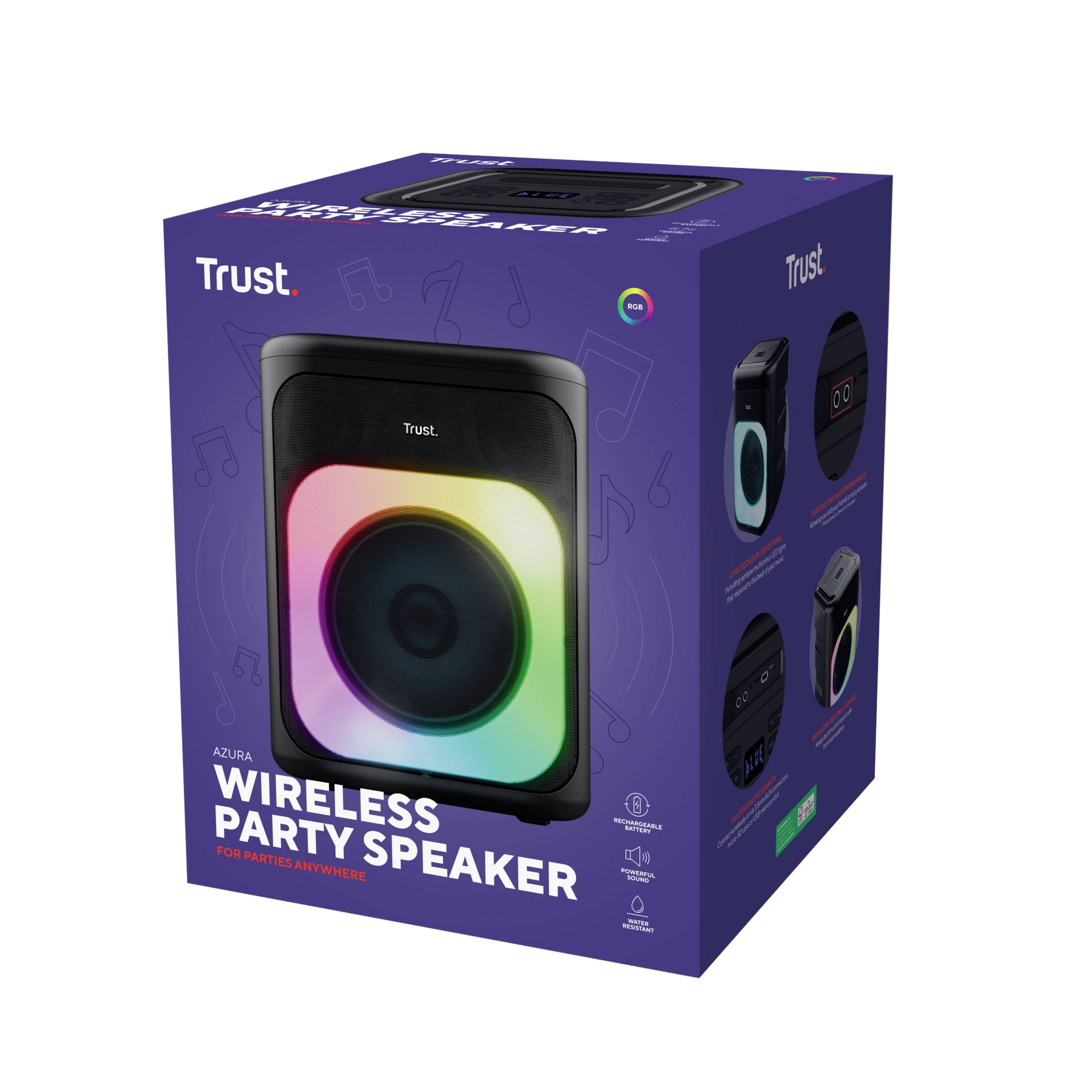 Verpackung eines drahtlosen Partylautsprechers. Zeigt das Produkt mit bunten LED-Leuchten. Marke: Trust, Modell: Azzura.