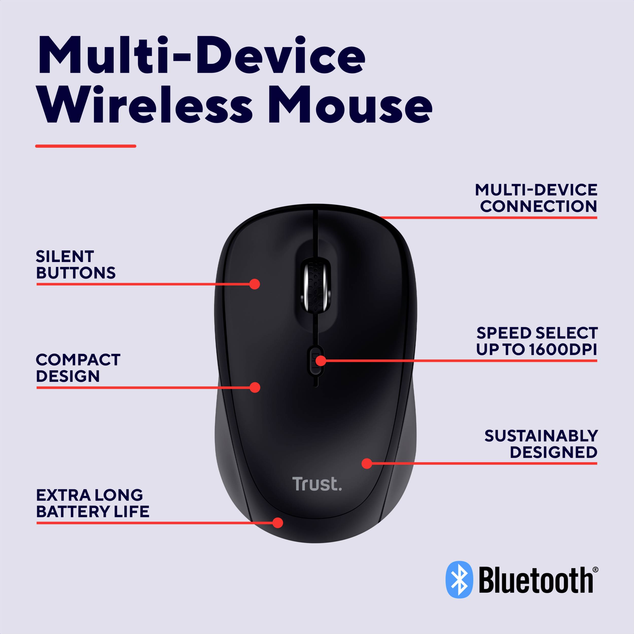 'Multi-Device Wireless Mouse' in schwarzer Farbe mit Funktionen: Verbindung mit mehreren Geräten, leise Tasten, 1600 DPI, langlebiger Akku. Nachhaltiges Design, Bluetooth-kompatibel.