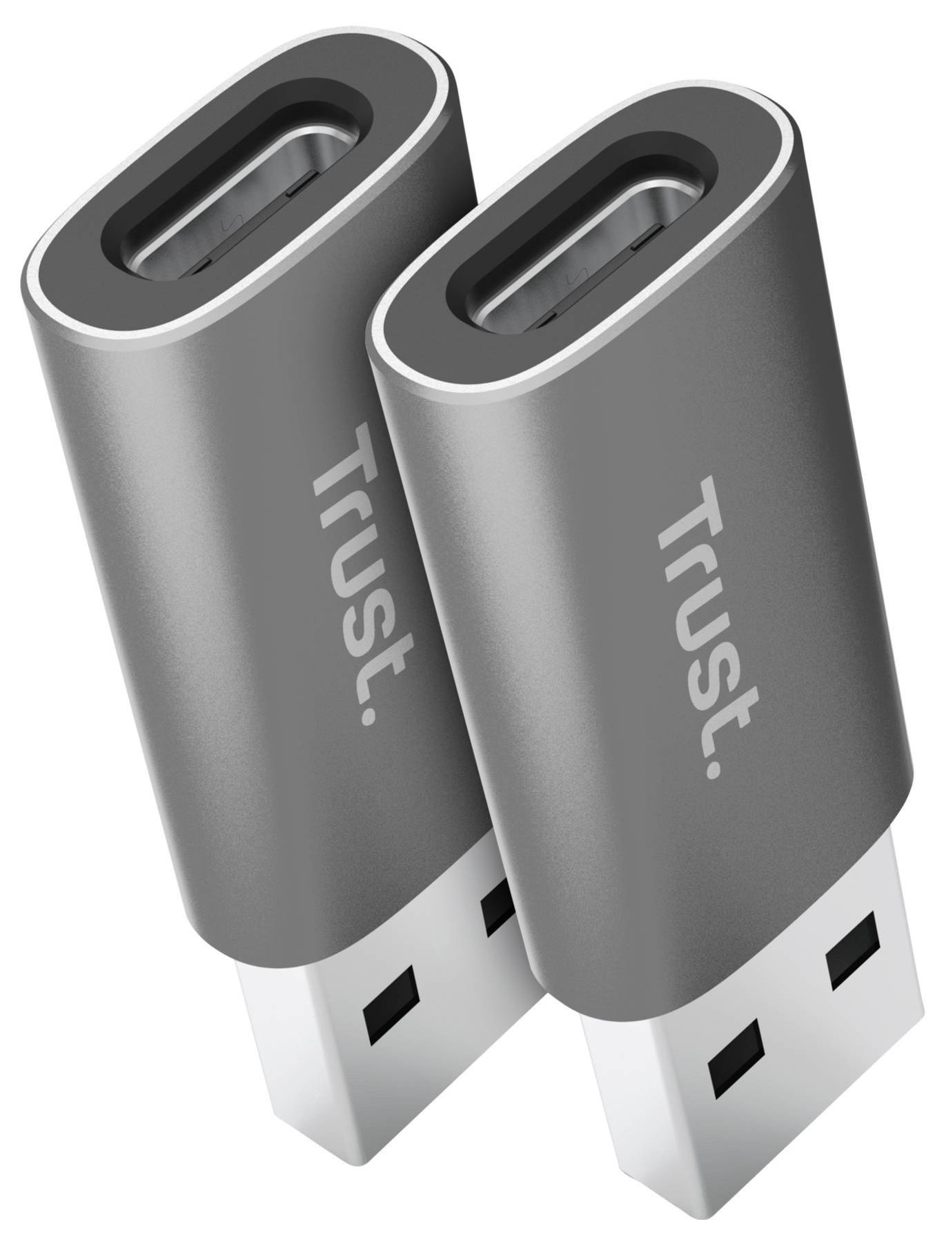 Zwei graue USB-C-Adapter mit der Aufschrift 'Trust', geeignet zum Anschließen oder Laden von Geräten über USB-Anschlüsse.
