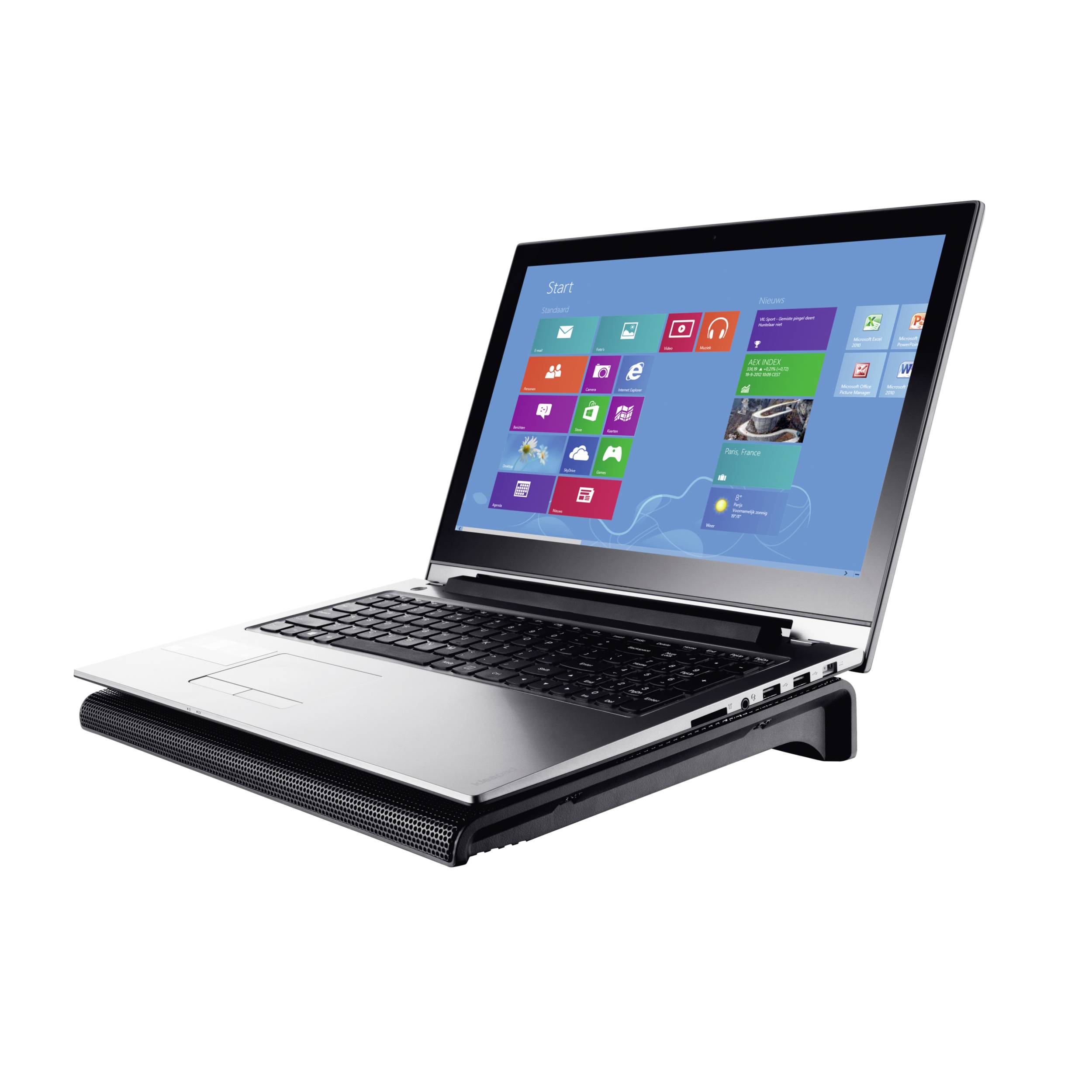 Schwarzer Laptop auf einem Ständer, Bildschirm zeigt bunte Desktop-Symbole auf blauem Hintergrund. 