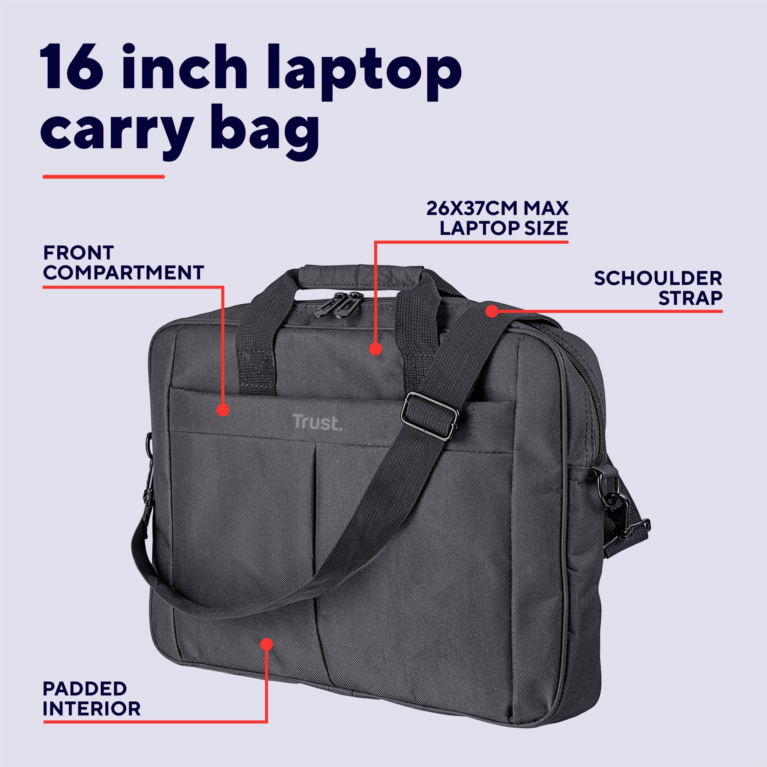 'Schwarze Laptoptasche für 16-Zoll-Laptops, mit Schulterriemen, Frontfach und gepolstertem Innenraum, maximal 26x37cm Laptopgröße.'