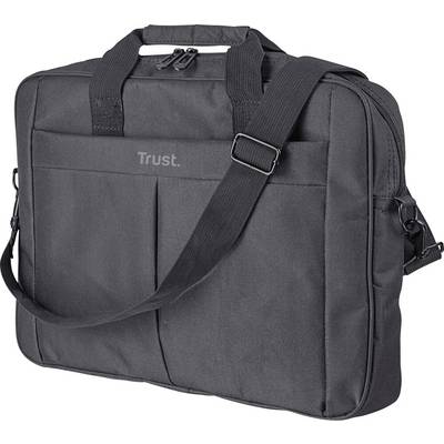 Schwarze Laptoptasche mit Schultergurt und Tragegriffen, Markenname 'Trust' auf der Vorderseite.