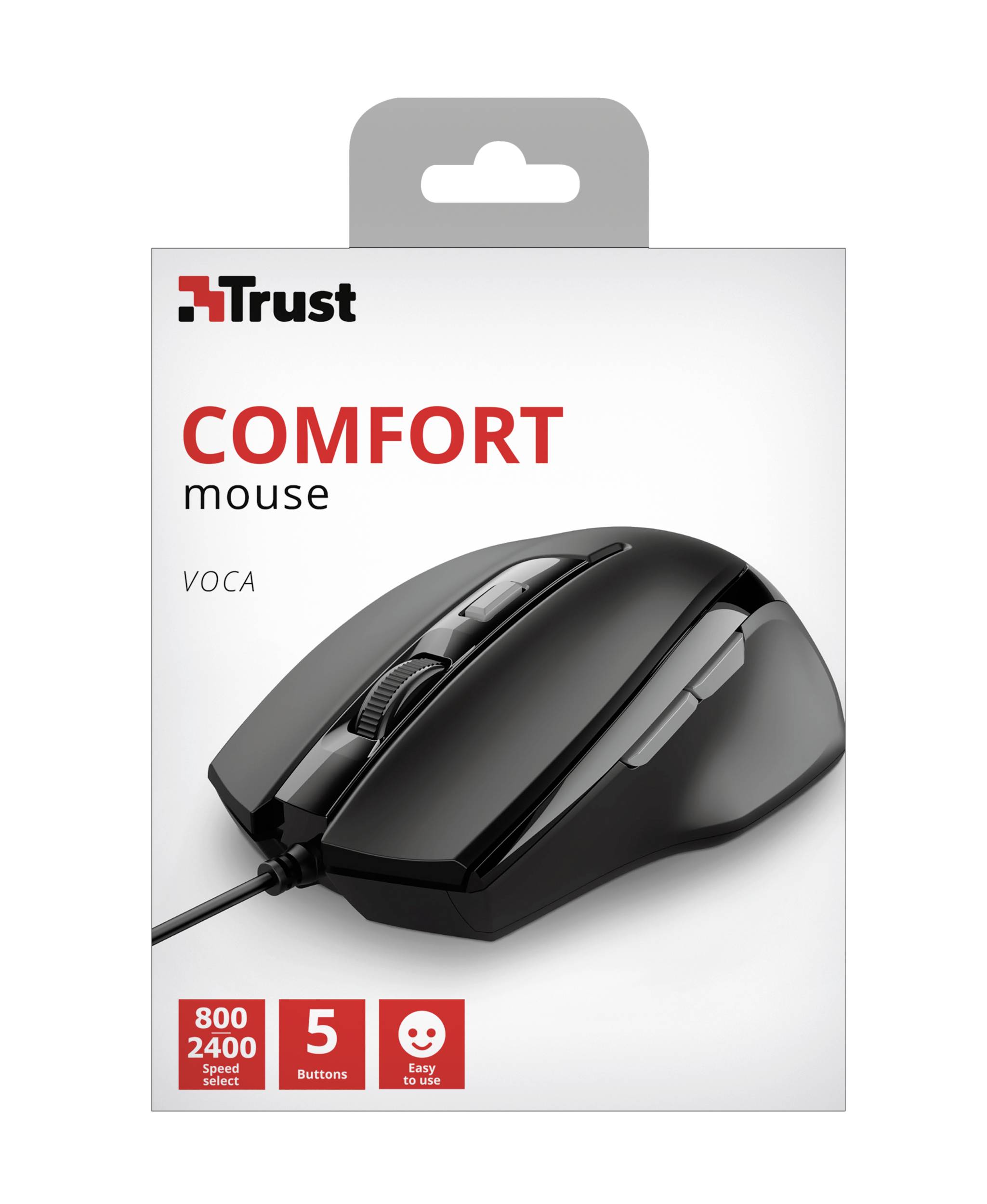 Verpackung einer Trust 'Comfort' Maus, Modell 'Voca'. Beschriftet mit '800, 2400 DPI', '5 Tasten', und 'Einfach zu benutzen'. Abbildung der Maus.