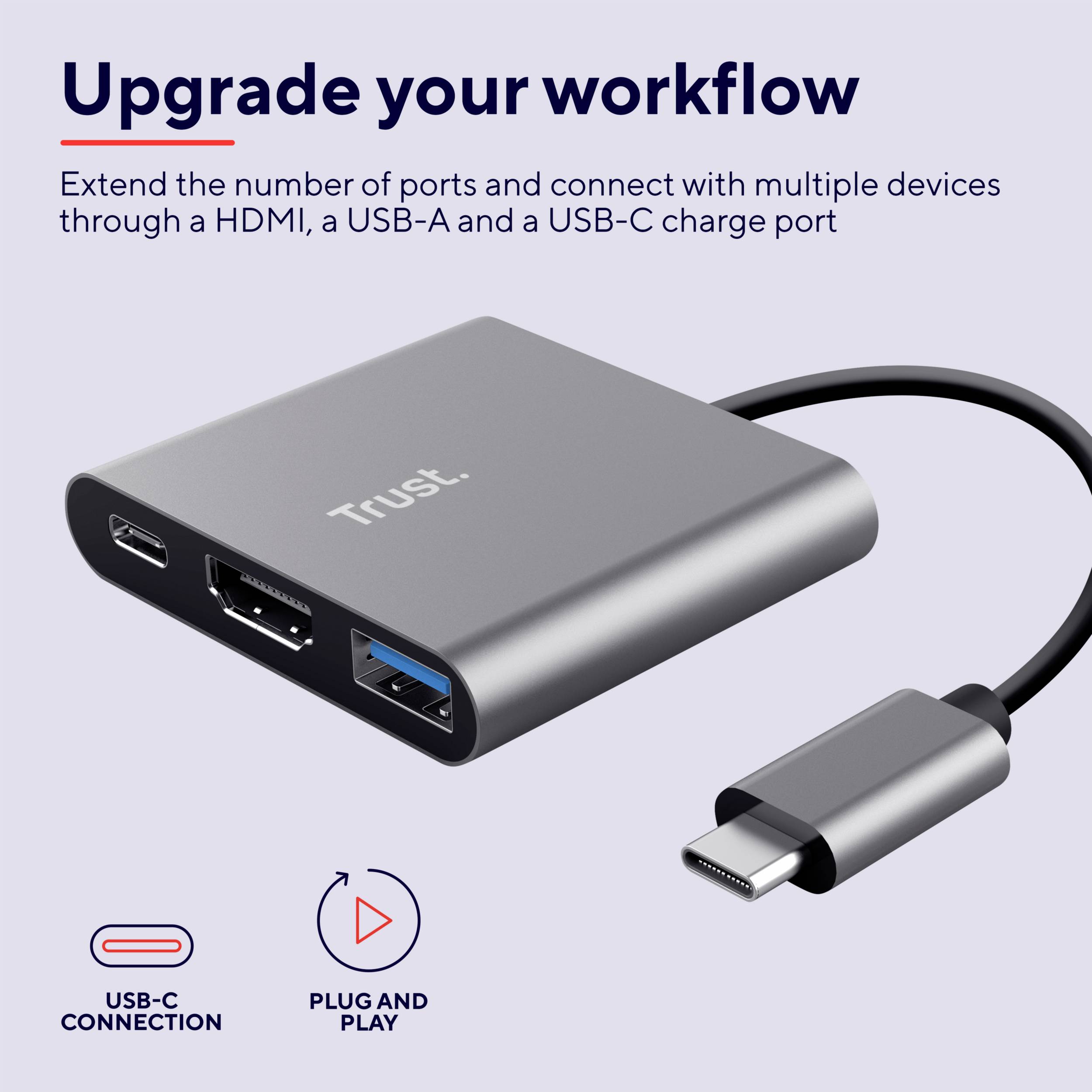 'Erweitern Sie die Anzahl der Ports und verbinden Sie mehrere Geräte mit HDMI, USB-A und USB-C.' Schwarze Anschlussbox, USB-C Kabel.