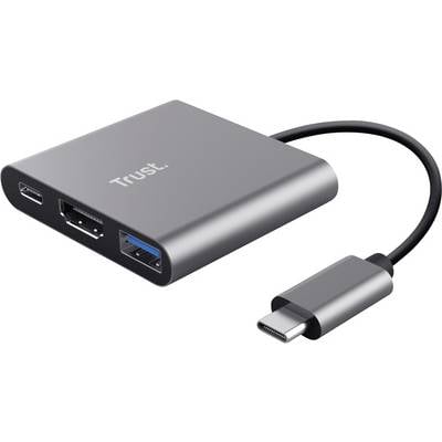 'Trust' USB-C Hub mit Anschlüssen für HDMI, USB-A und USB-C. Silbernes, rechteckiges Design mit kurzem, festem Verbindungskabel.