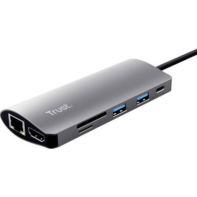 Ein silberner USB-C-Hub mit Ethernet, HDMI, zwei USB 3.0-Anschlüssen und Steckplätzen für Speicherkarten.