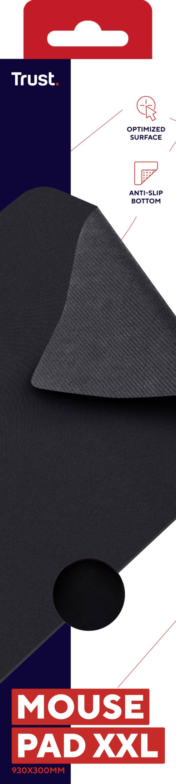 'Trust Mouse Pad XXL, 900x300mm, optimierte Oberfläche, rutschfeste Unterseite' auf Produktverpackung mit schwarzem Mousepad.