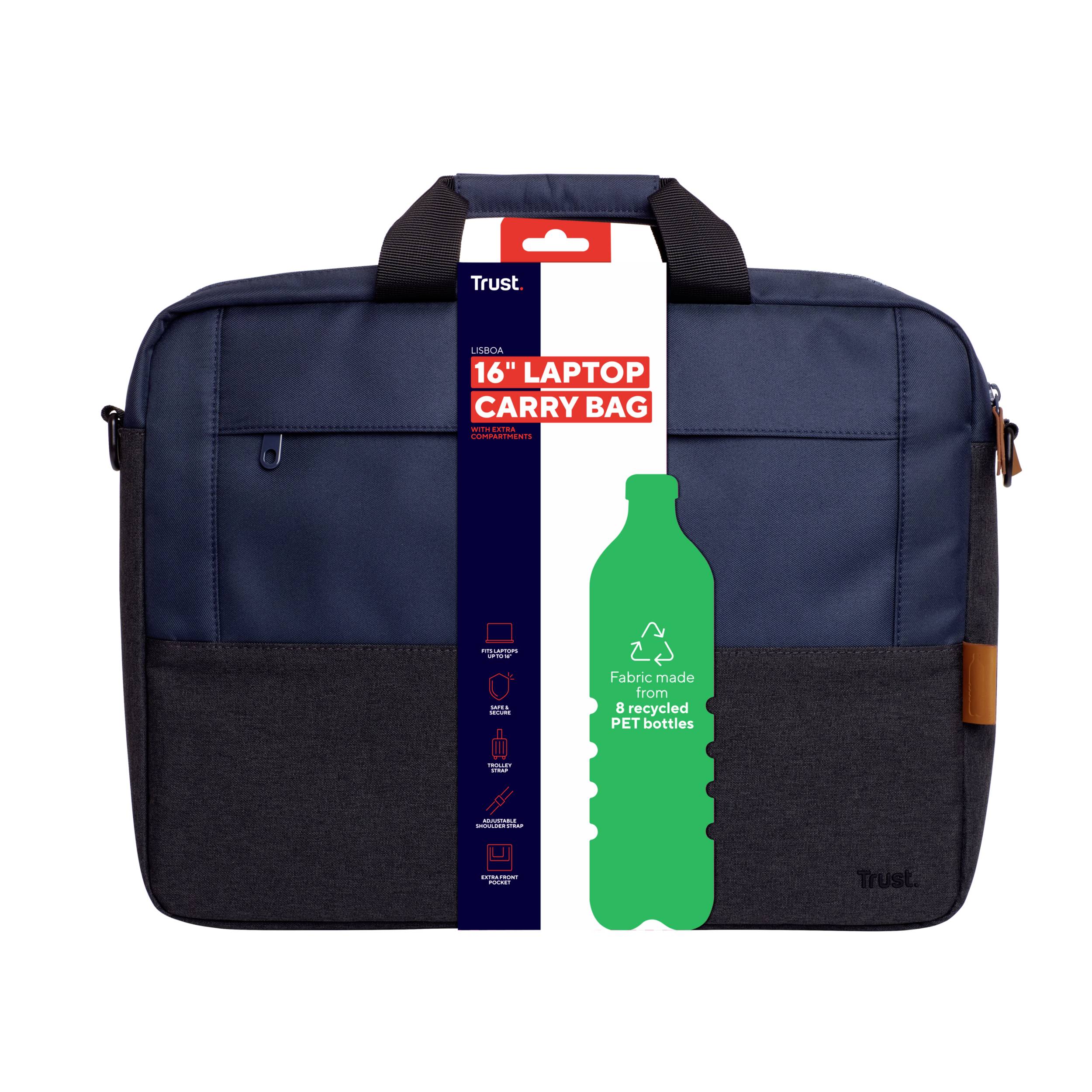 Laptoptasche für 16-Zoll-Modelle, navyblau, hergestellt aus 8 recycelten PET-Flaschen, Markenname oben links.