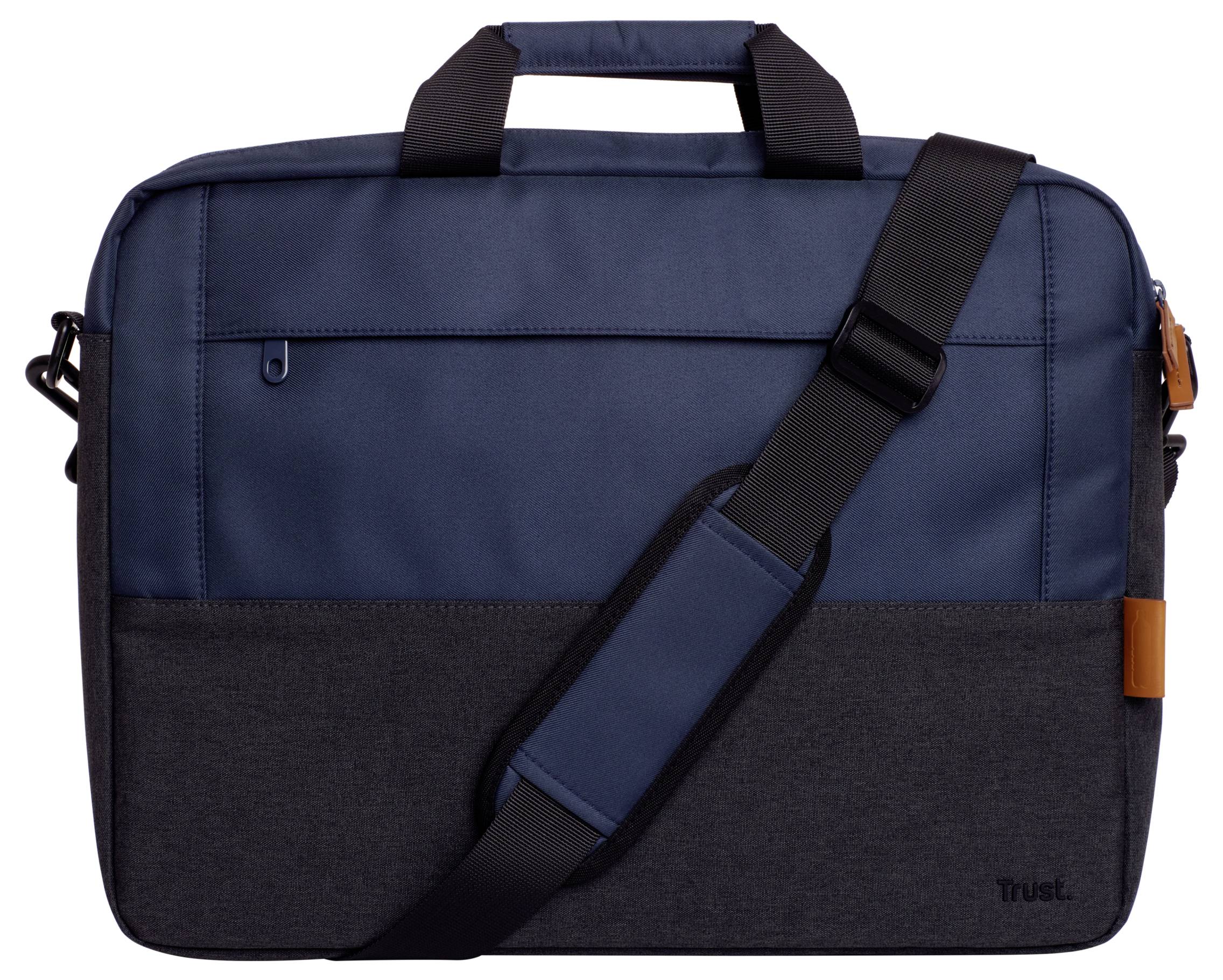 Eine dunkelblaue Laptop-Tasche mit schwarzem Schultergurt und zusätzlichem Reißverschlussfach, geeignet für den Transport von Computern.