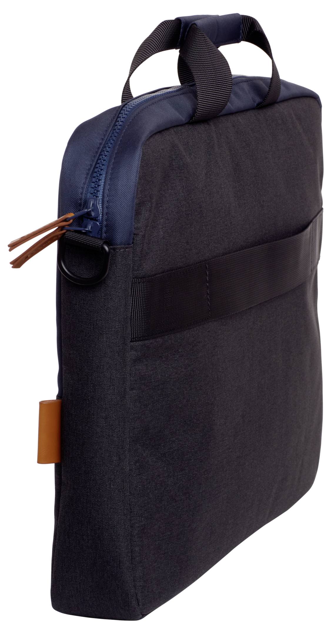 Schwarze Laptoptasche mit blauer oberer Öffnung und braunen Reißverschlussanhängern. Tragegriff oben, Seitenansicht.
