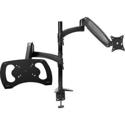 Ein verstellbarer Monitorarm in Schwarz, montiert auf einem Schreibtisch, bietet flexible Positionierung für Monitore.