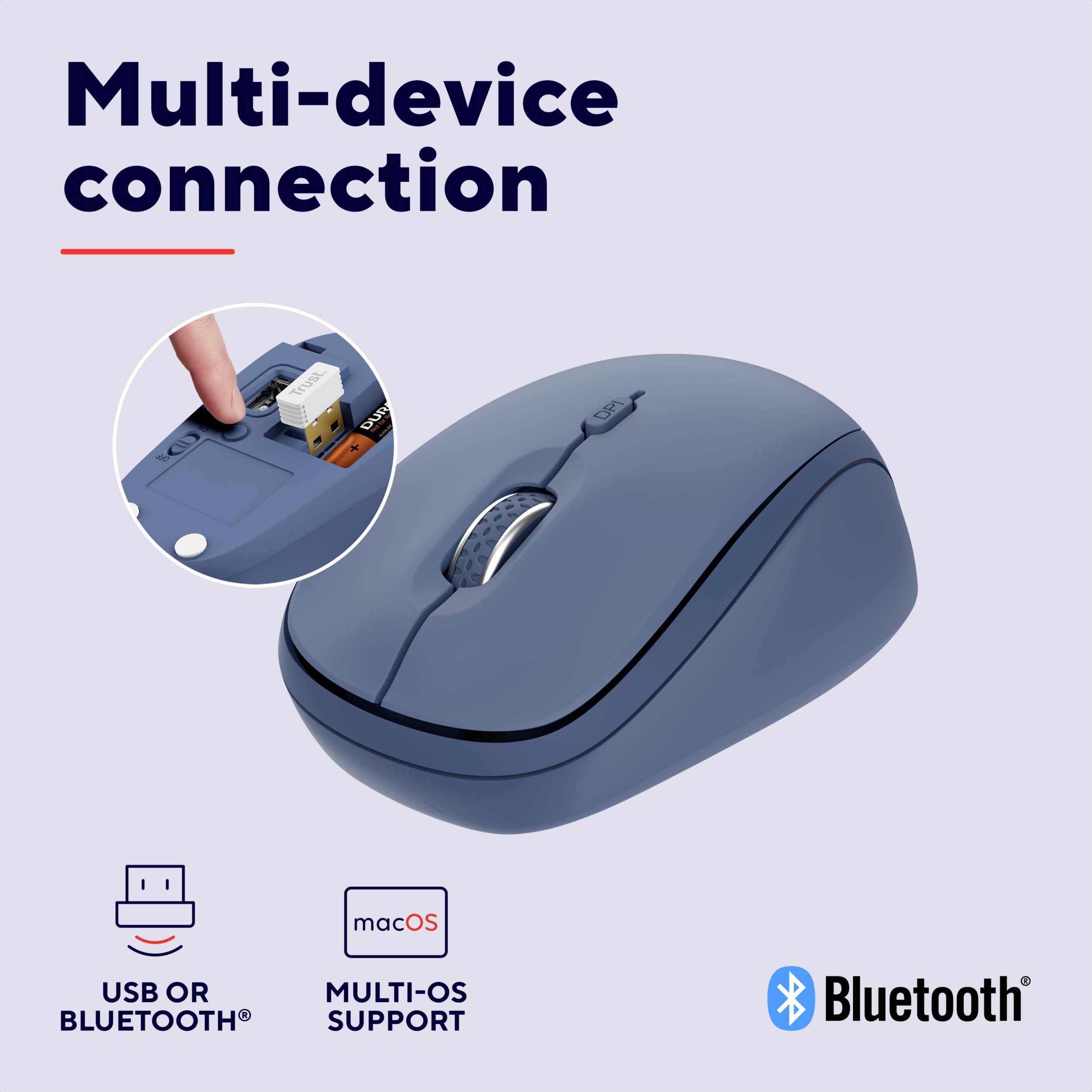 Blaue drahtlose Maus bietet Verbindung über USB oder Bluetooth. Unterstützt Windows und macOS. Text 'Multi-device connection'.
