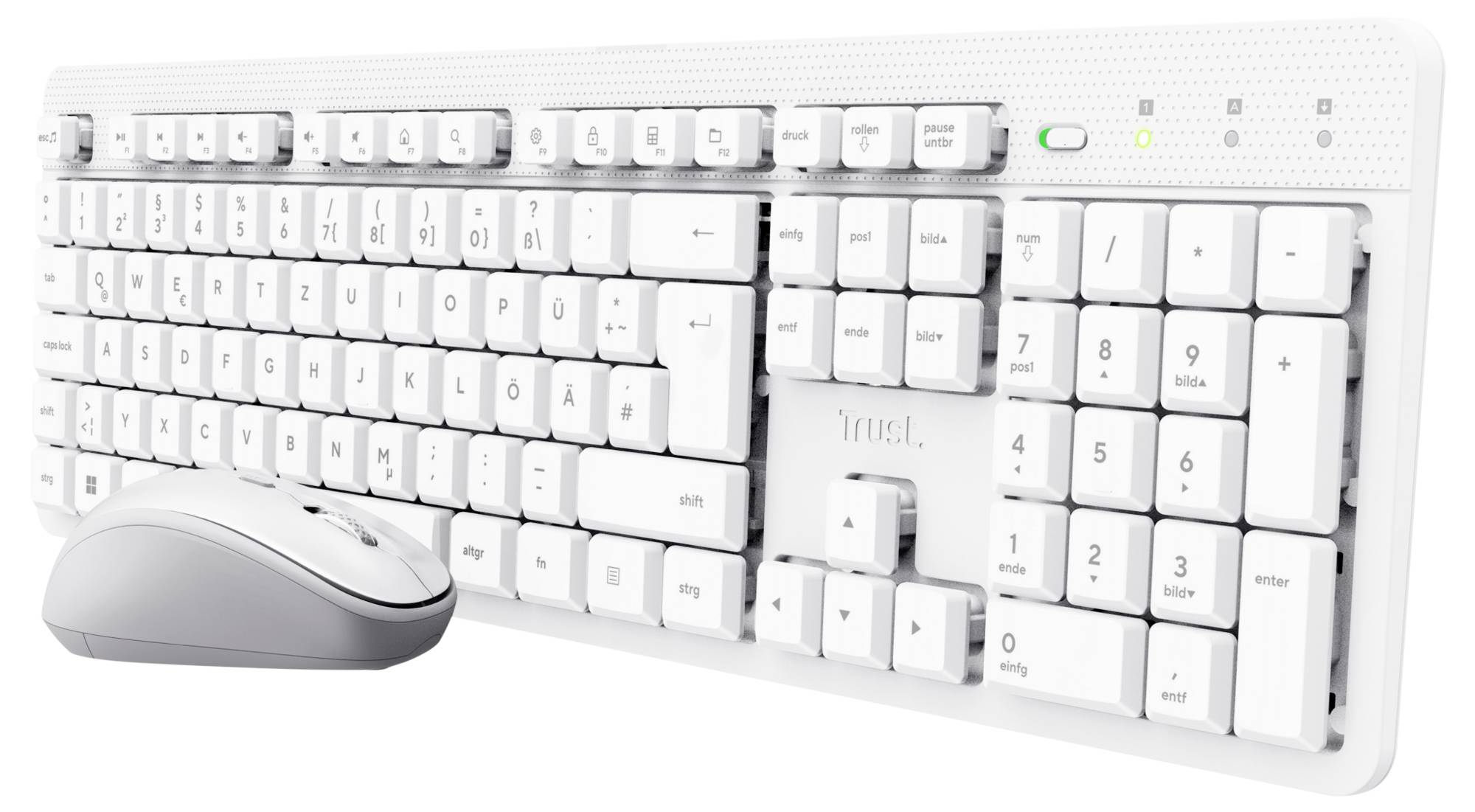 Weiße Computer-Tastatur mit Nummernblock und kabellose Maus. Die Tastatur hat große Tasten mit schwarzer Beschriftung.
